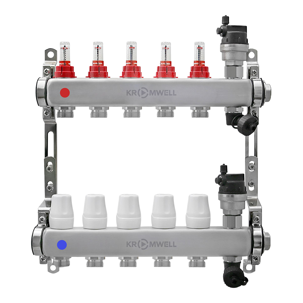 Блок коллекторный из нерж. стали с расходомерами и термостатическими клапанами 1"x3/4"EU x5, в комплекте автомат.возд., сливн.кран Kromwell