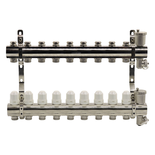 Блок коллекторный из латуни с балансировочными и термостатическими клапанами 1"x3/4"EU x9, в комплекте автомат.возд., сливн.кран Kromwell