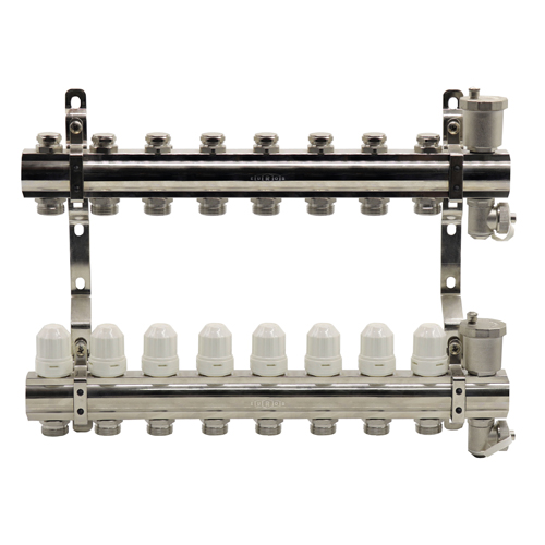 Блок коллекторный из латуни с балансировочными и термостатическими клапанами 1"x3/4"EU x8, в комплекте автомат.возд., сливн.кран Kromwell