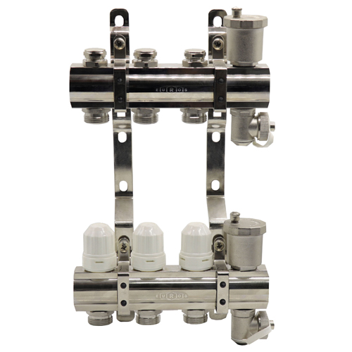 Блок коллекторный из латуни с балансировочными и термостатическими клапанами 1"x3/4"EU x3, в комплекте автомат.возд., сливн.кран Kromwell