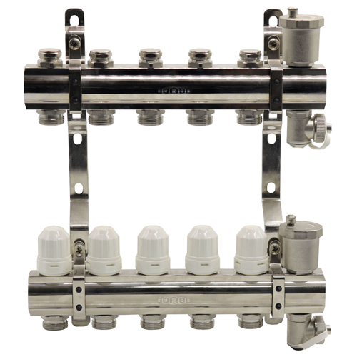 Блок коллекторный из латуни с балансировочными и термостатическими клапанами 1"x3/4"EU x5, в комплекте автомат.возд., сливн.кран Kromwell