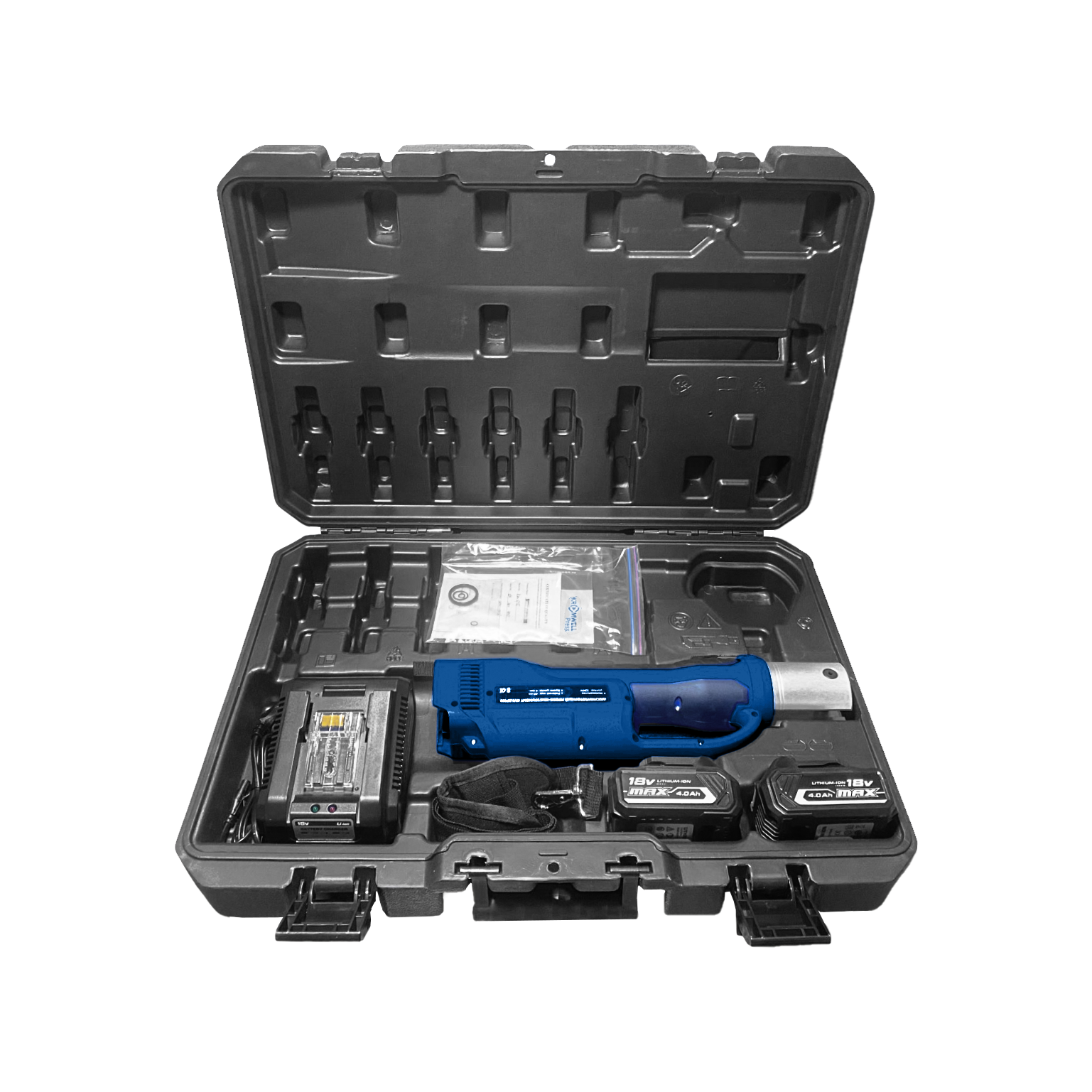 Пресс-инструмент аккумуляторный для монтажа пресс-фитингов, в комплекте: кейс - 1 шт; АКБ 18V, 4,0Ah, Li-ion - 2 шт; ЗУ-1шт., (без клещей)