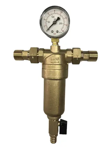 Фильтр промывной 1/2", американки, сетчатый 100 мкр, с манометром и латунной колбой, Kromwell