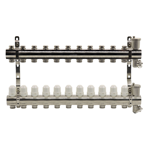 Блок коллекторный из латуни с балансировочными и термостатическими клапанами 1"x3/4"EU x11, в комплекте автомат.возд., сливн.кран Kromwell