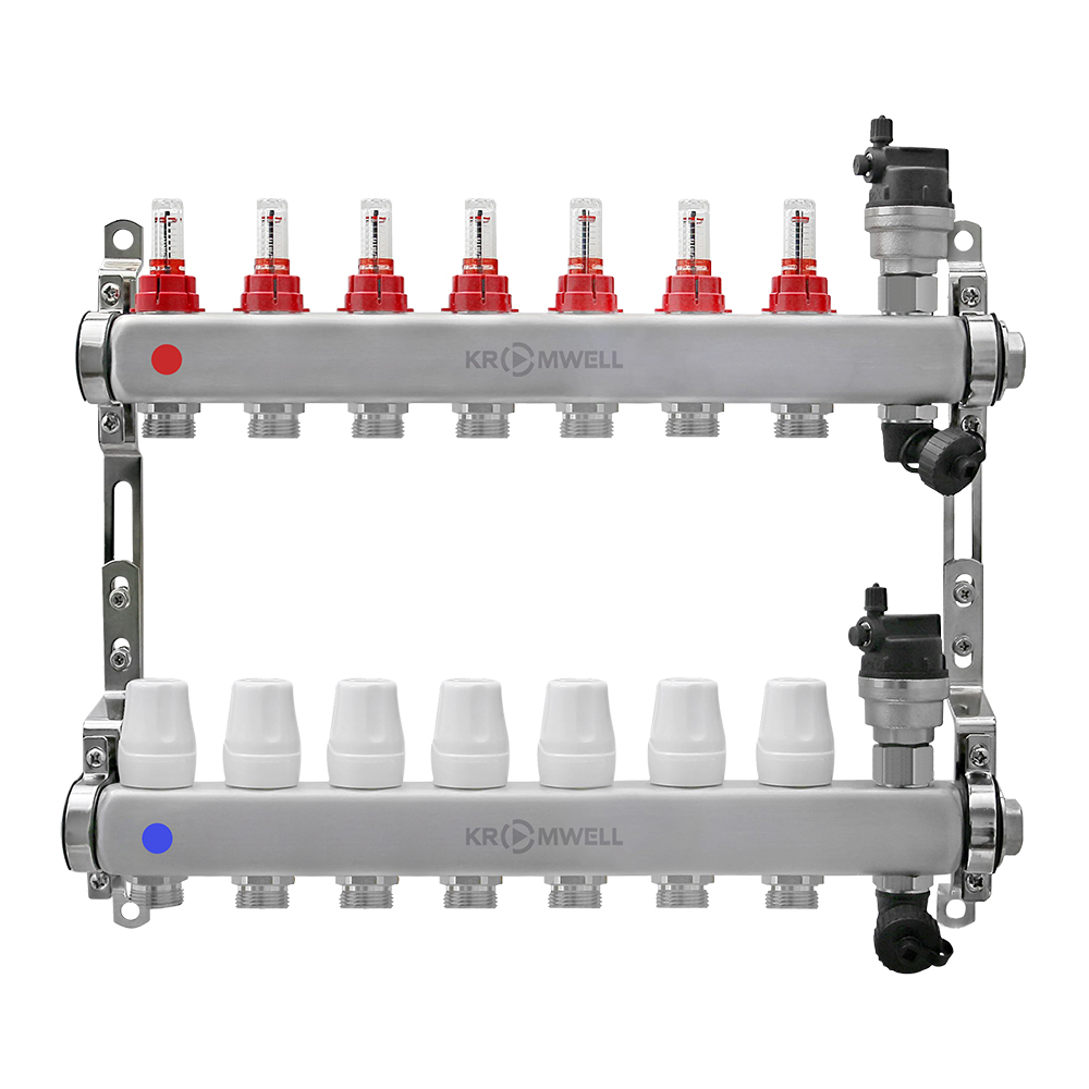 Блок коллекторный из нерж. стали с расходомерами и термостатическими клапанами 1"x3/4"EU x7, в комплекте автомат.возд., сливн.кран Kromwell