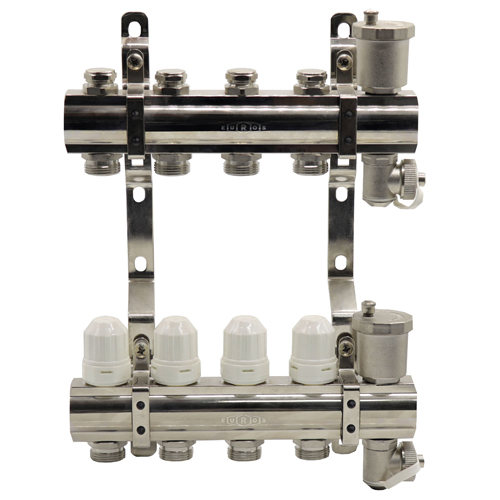 Блок коллекторный из латуни с балансировочными и термостатическими клапанами 1"x3/4"EU x4, в комплекте автомат.возд., сливн.кран Kromwell