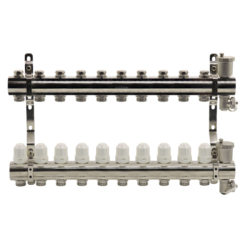 Блок коллекторный из латуни с балансировочными и термостатическими клапанами 1"x3/4"EU x10, в комплекте автомат.возд., сливн.кран Kromwell