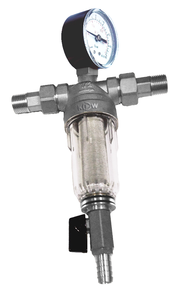 Фильтр промывной 1/2", американки, сетчатый 100 мкр, с манометром и прозрачной колбой, Kromwell