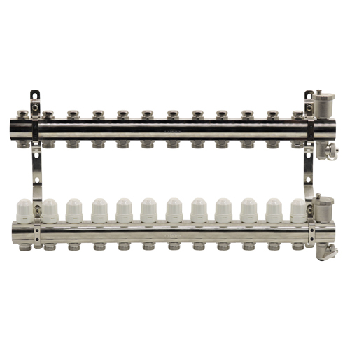 Блок коллекторный из латуни с балансировочными и термостатическими клапанами 1"x3/4"EU x12, в комплекте автомат.возд., сливн.кран Kromwell