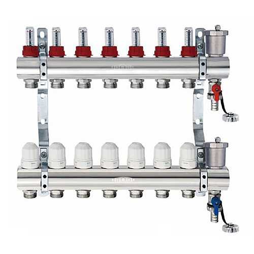 Блок коллекторный из латуни с расходомерами и термостатическими клапанами 1"x3/4"EU x7, в комплекте автомат.возд., сливн.кран Kromwell