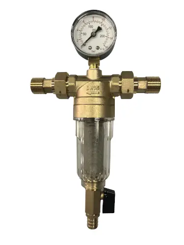 Фильтр промывной 1/2", американки, сетчатый 100 мкр, с манометром и прозрачной колбой, Kromwell