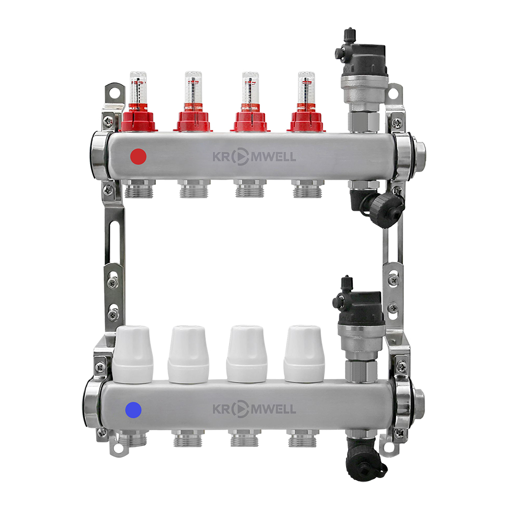 Блок коллекторный из нерж. стали с расходомерами и термостатическими клапанами 1"x3/4"EU x4, в комплекте автомат.возд., сливн.кран Kromwell